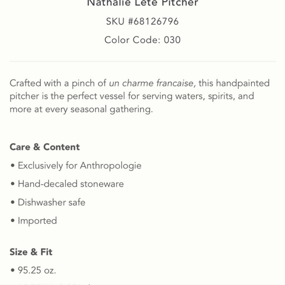 Anthropologie NIB Nathalie Lete Pitcher Hand-DecaledStoneware Responsibly Made - Picture 8 of 10